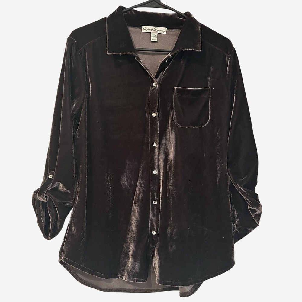 French Laundry Velvet Button Up Top Sz P M Brown Pocket Rhinestone Fairy Grunge